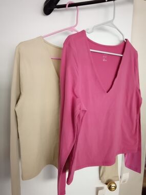 NWT Set Of 2 Hot Pink & Tan V Neck Tees Cotton Size Large Crop Blouse Feminine